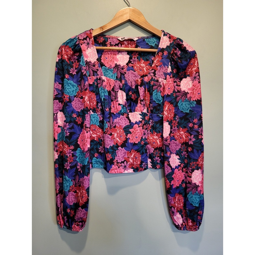 Colorful Floral Milkmaid Coquette Long Puff Sleeve Crop Top SO Sz XS